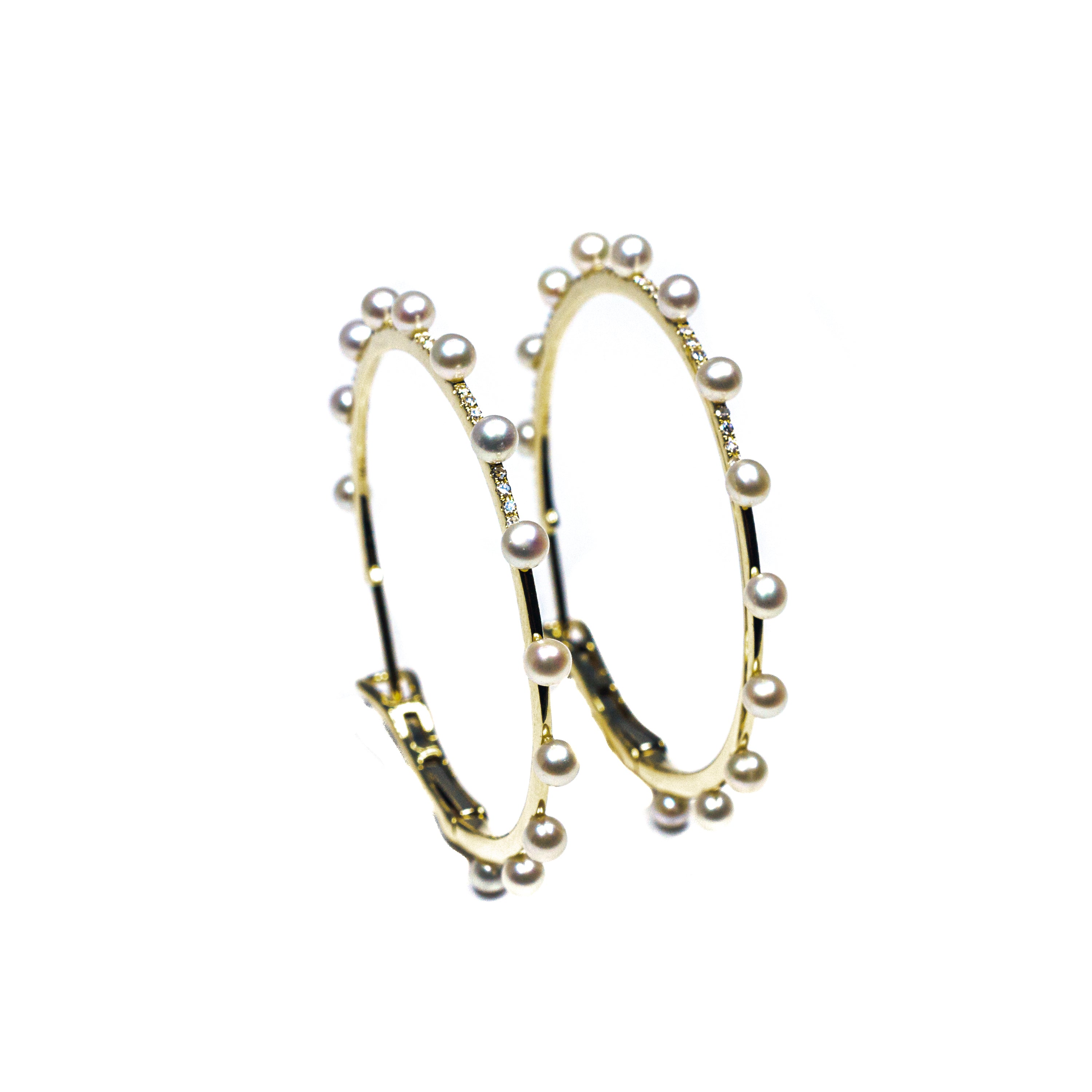 14kt Yellow Gold Pearl and Diamond Hoop Earrings