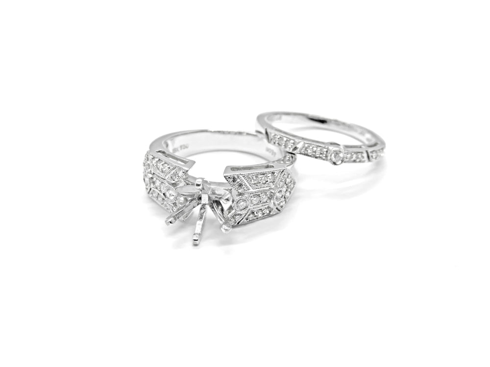 18kt White Gold Semi-mount Micro Pave Diamond Engagement & Wedding Band Set