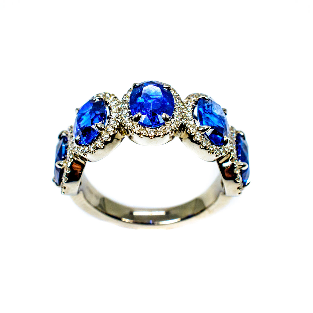 Platinum Five Oval Blue Sapphire & Diamond Halo Ring