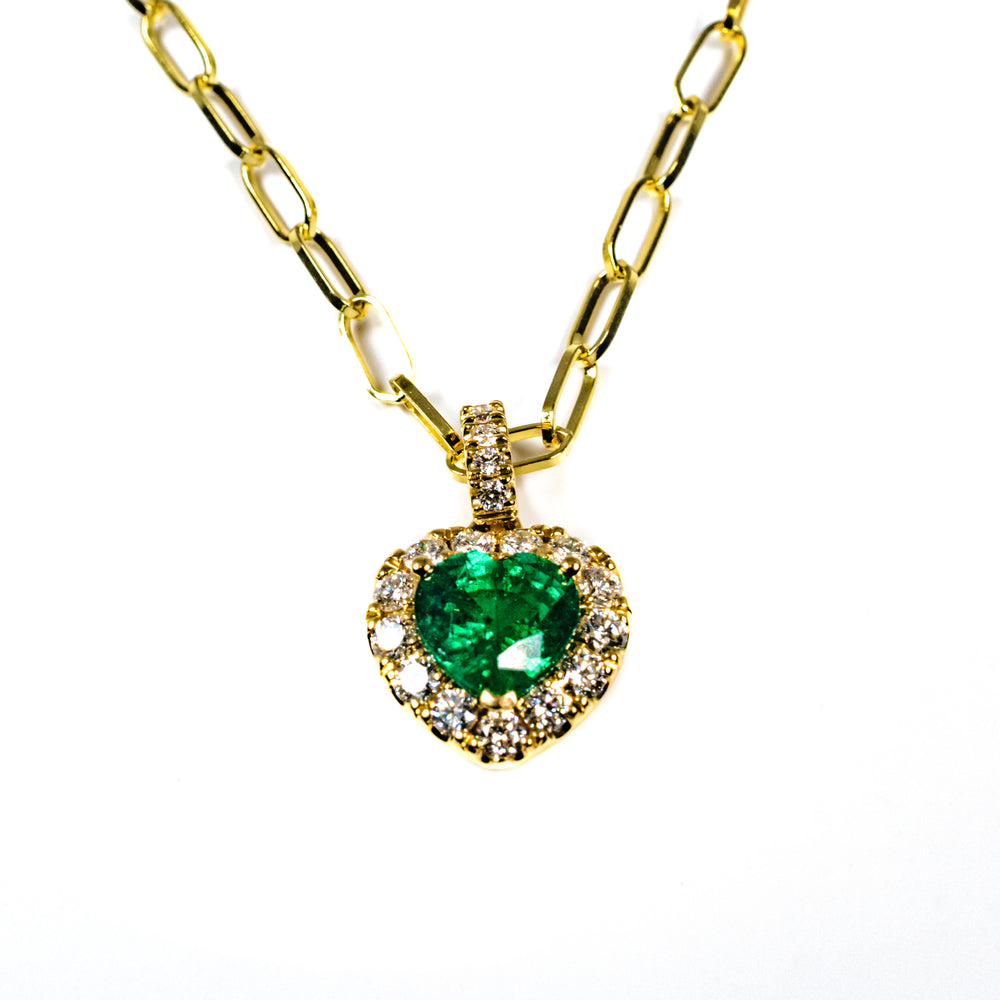 18kt Yellow Gold Heart Shaped Emerald with Diamond Halo Pendant on 16" Chain