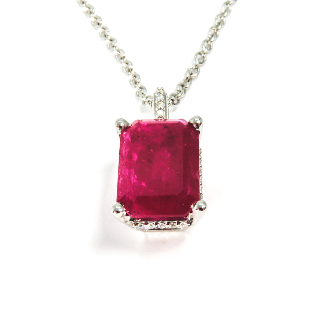 14kt White Gold 5ct Ruby with Hidden Diamond Halo Necklace (5.14ct ruby)