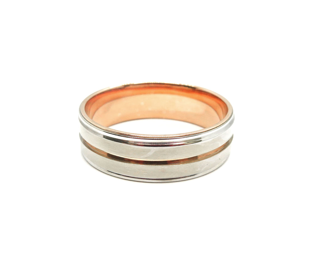 14kt White and Rose Gold Art-Carved Design Striped Style Men's Wedding Band