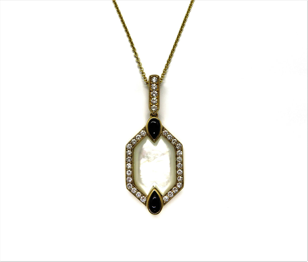 14kt Yellow Gold Mother of Pearl, Chalcedony & Diamond Pendant Necklace