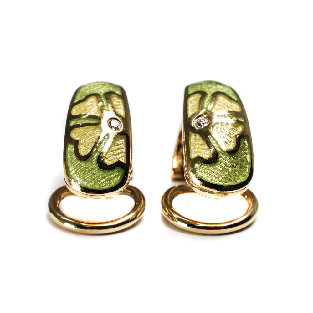 18kt Yellow Gold Faberge Lime Green Enamel Earrings with Diamonds