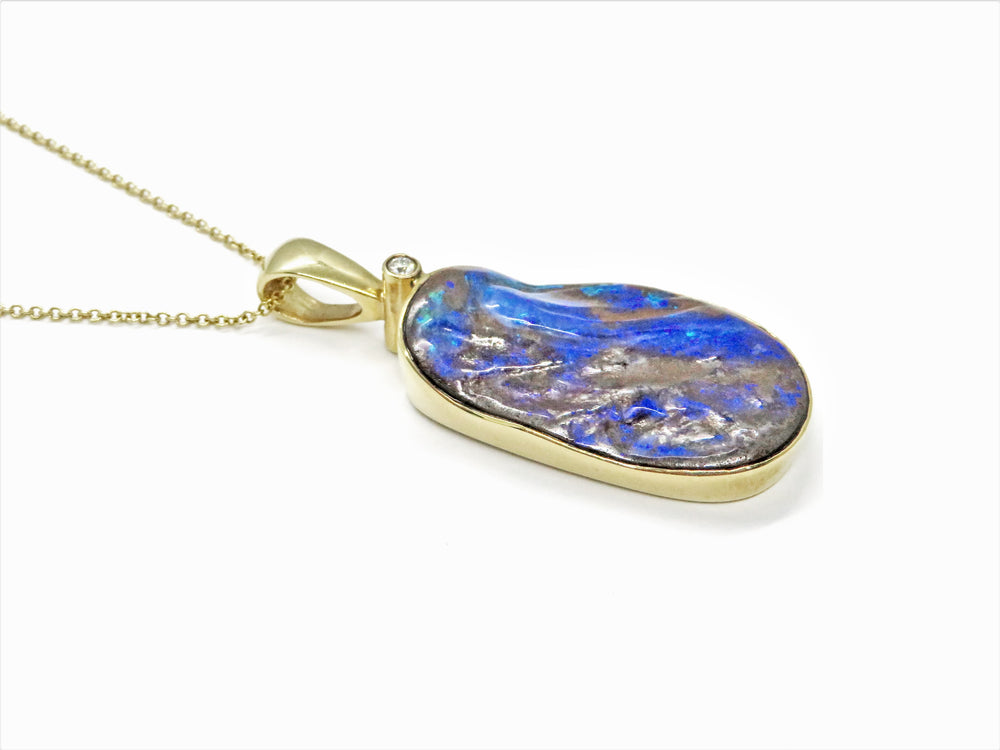 18kt Yellow Gold Blue Boulder Freeform Opal with Diamond Pendant Necklace