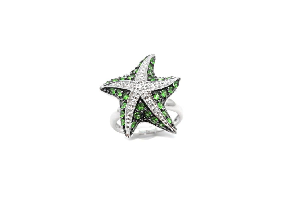 14kt White Gold Starfish Ring with Pave Tsavorite Garnets & Diamonds