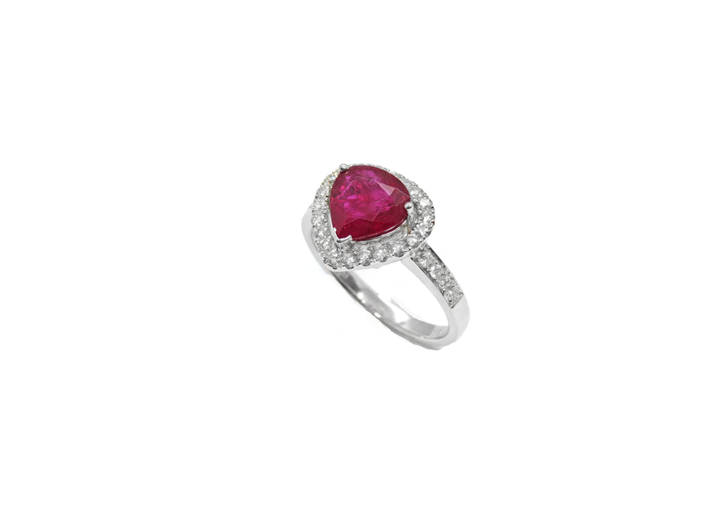 18kt White Gold Pear Shape 1.96ct Ruby with Diamond Halo Fashion Ring