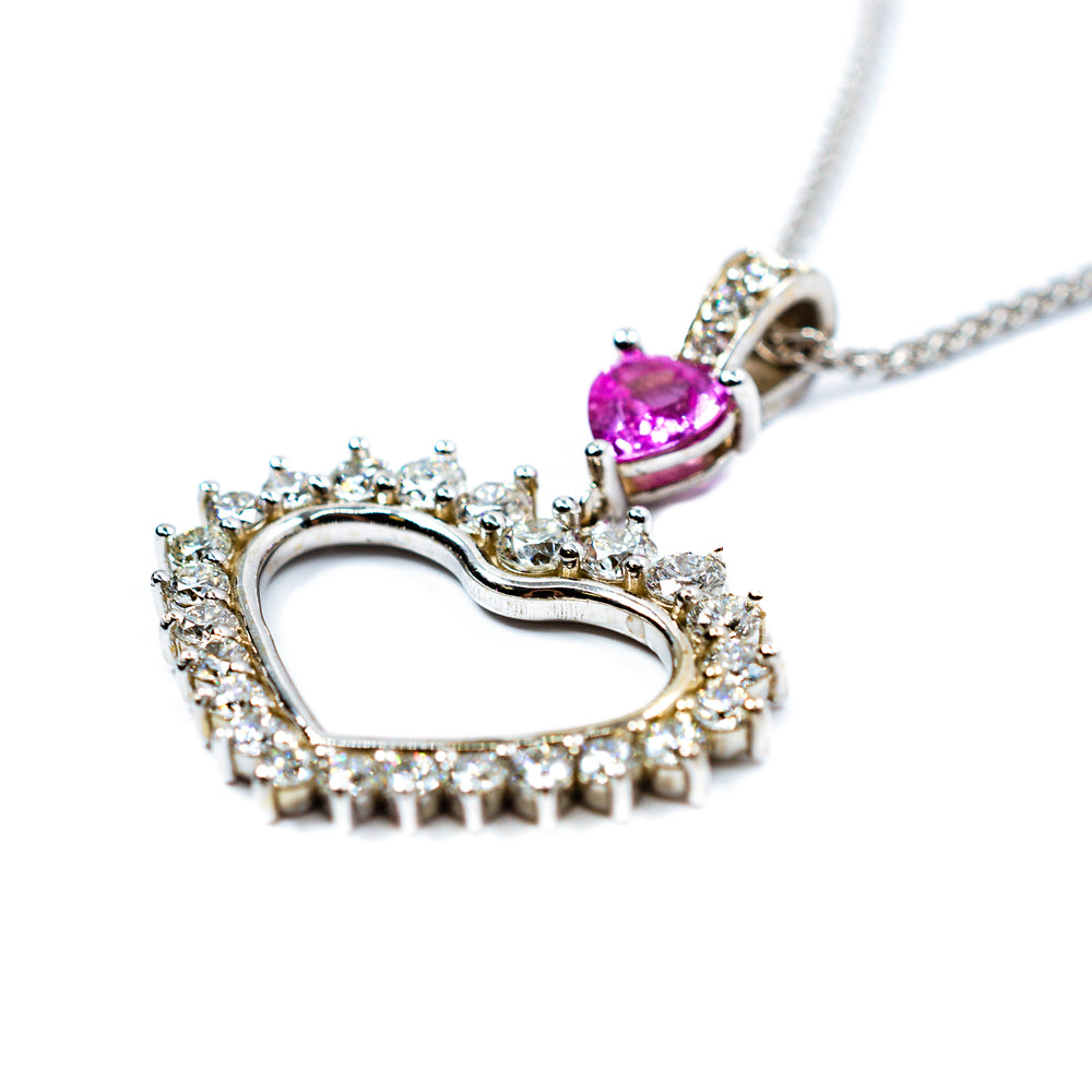 14kt White Gold Open Heart Pink Sapphire & Diamond Necklace