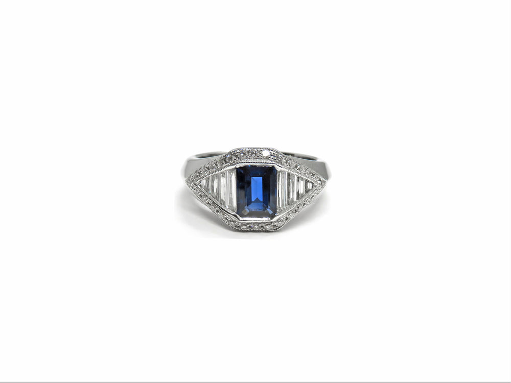 18kt White Gold 1.2ct Emerald Cut Blue Sapphire & Diamond Fashion Ring