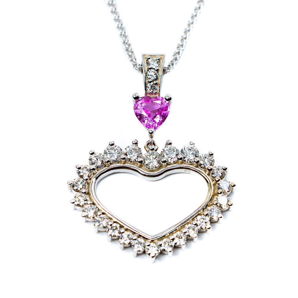 14kt White Gold Open Heart Pink Sapphire & Diamond Necklace