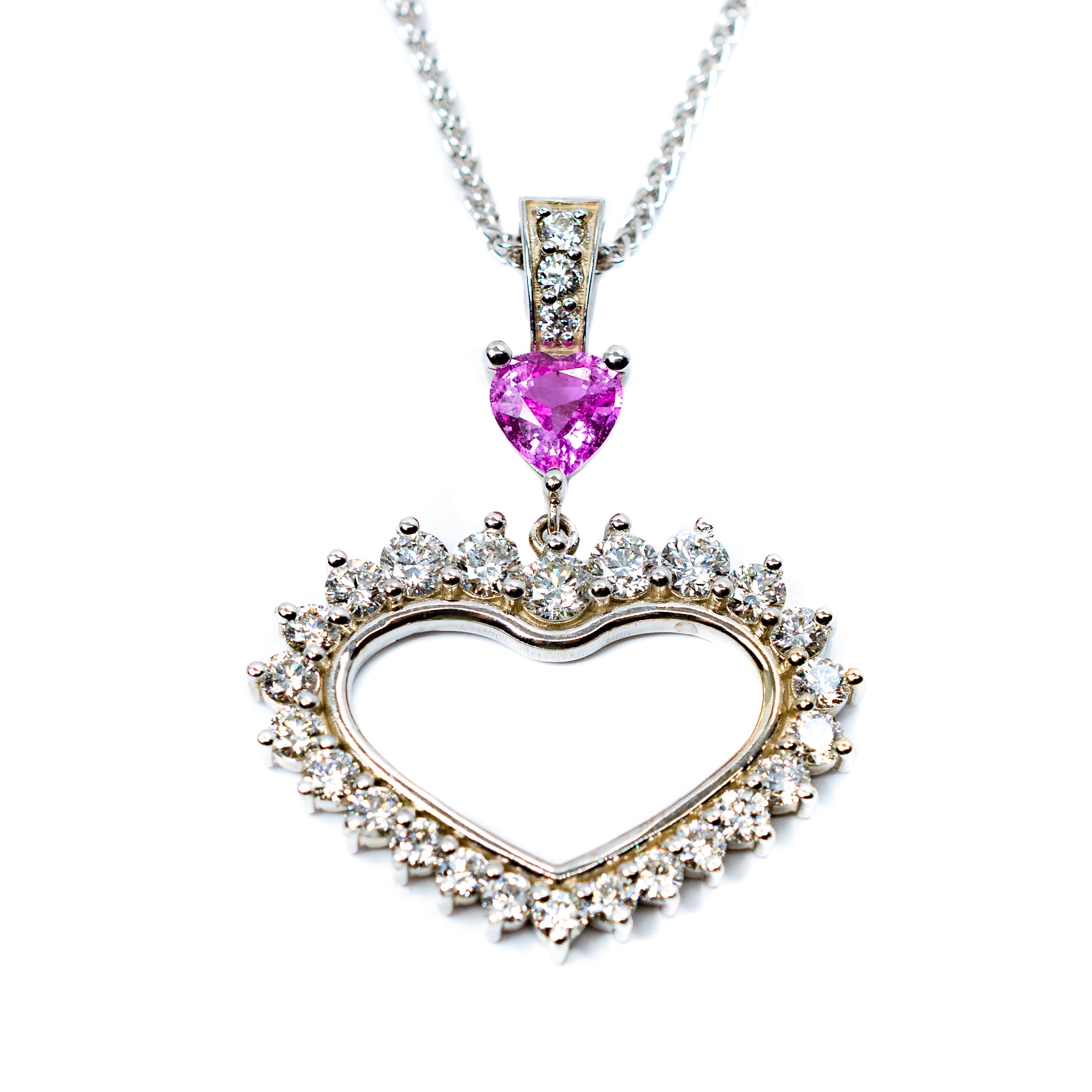 14kt White Gold Open Heart Pink Sapphire & Diamond Necklace