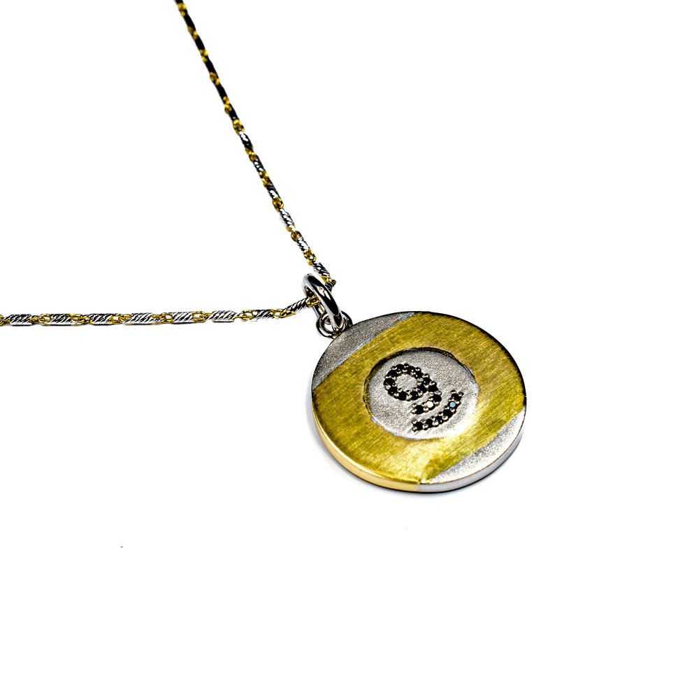 14kt Two Tone Solid Gold 9 Ball Pool Pendant with Black Diamonds and Two Tone Gold Chain