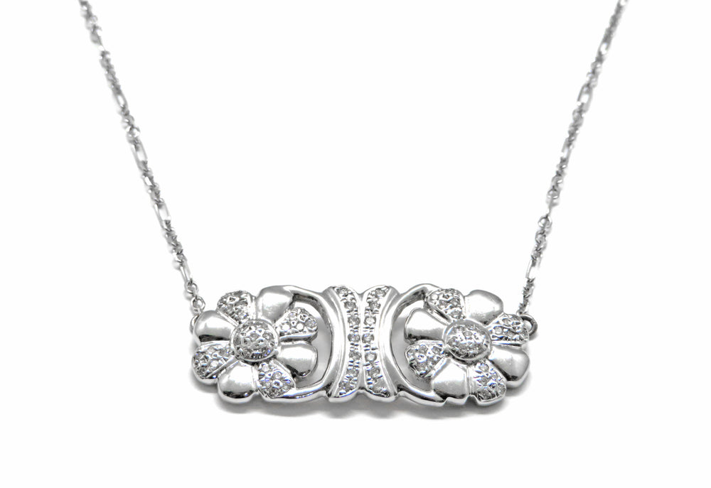 14kt White Gold Diamond Twin Flower Pendant Necklace