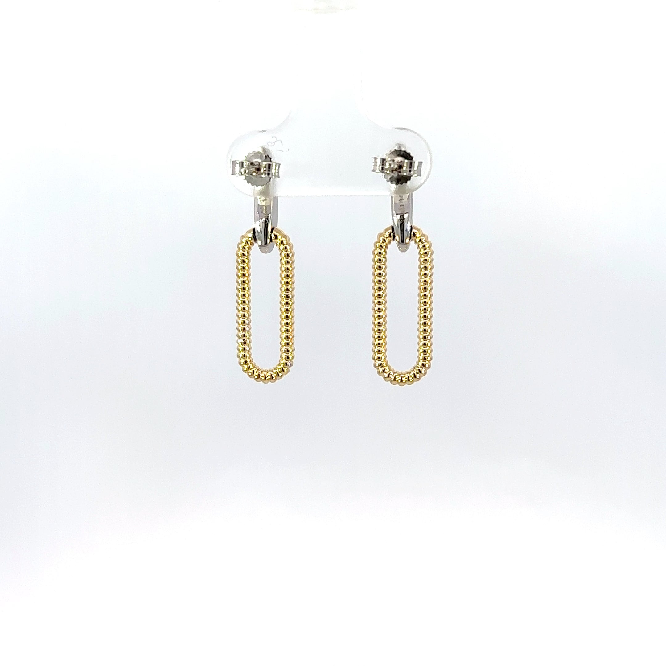 14k Two Toned Yellow / White Gold Textured Oval Link & Diamond Drop Huggie Earrings