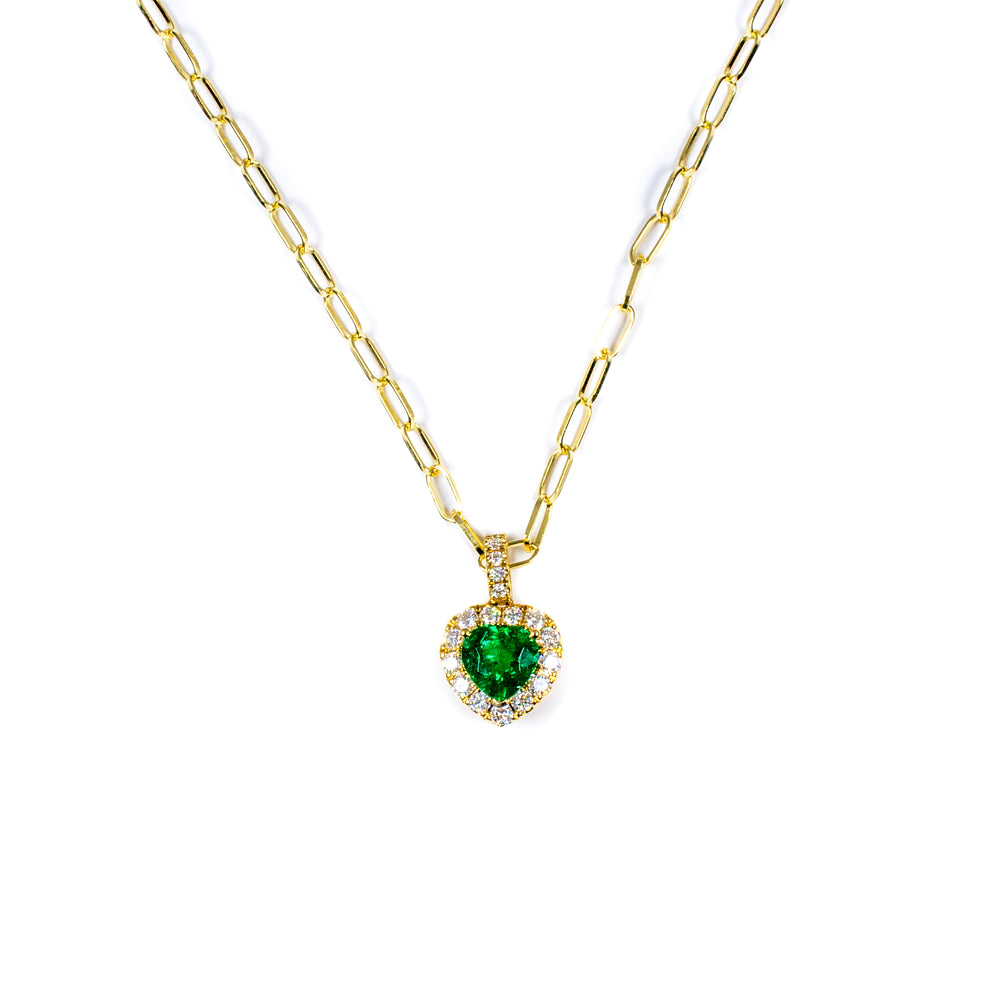 18kt Yellow Gold Heart Shaped Emerald with Diamond Halo Pendant on 16" Chain
