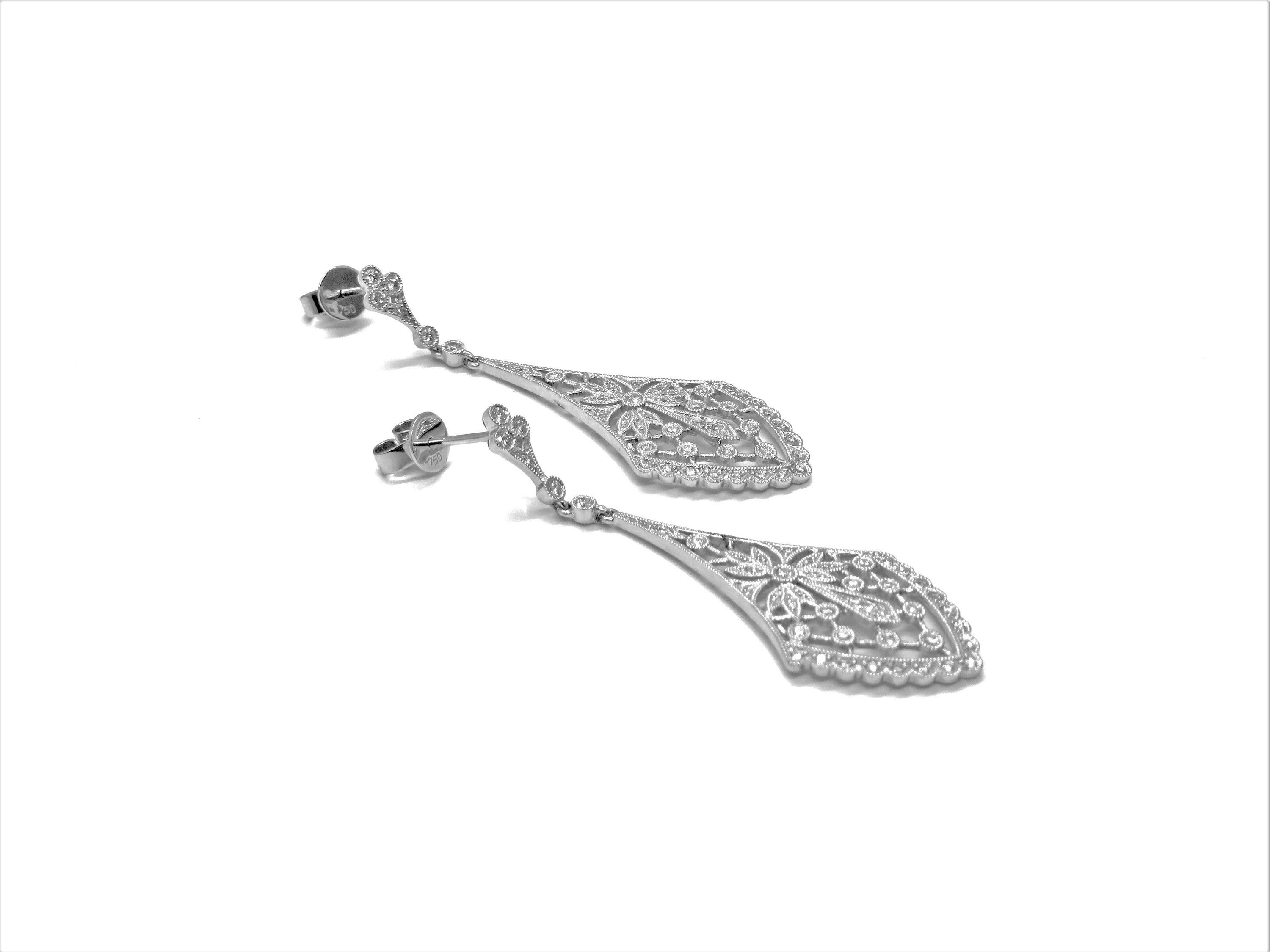 18kt White Gold Diamond Drop Filigree Earrings