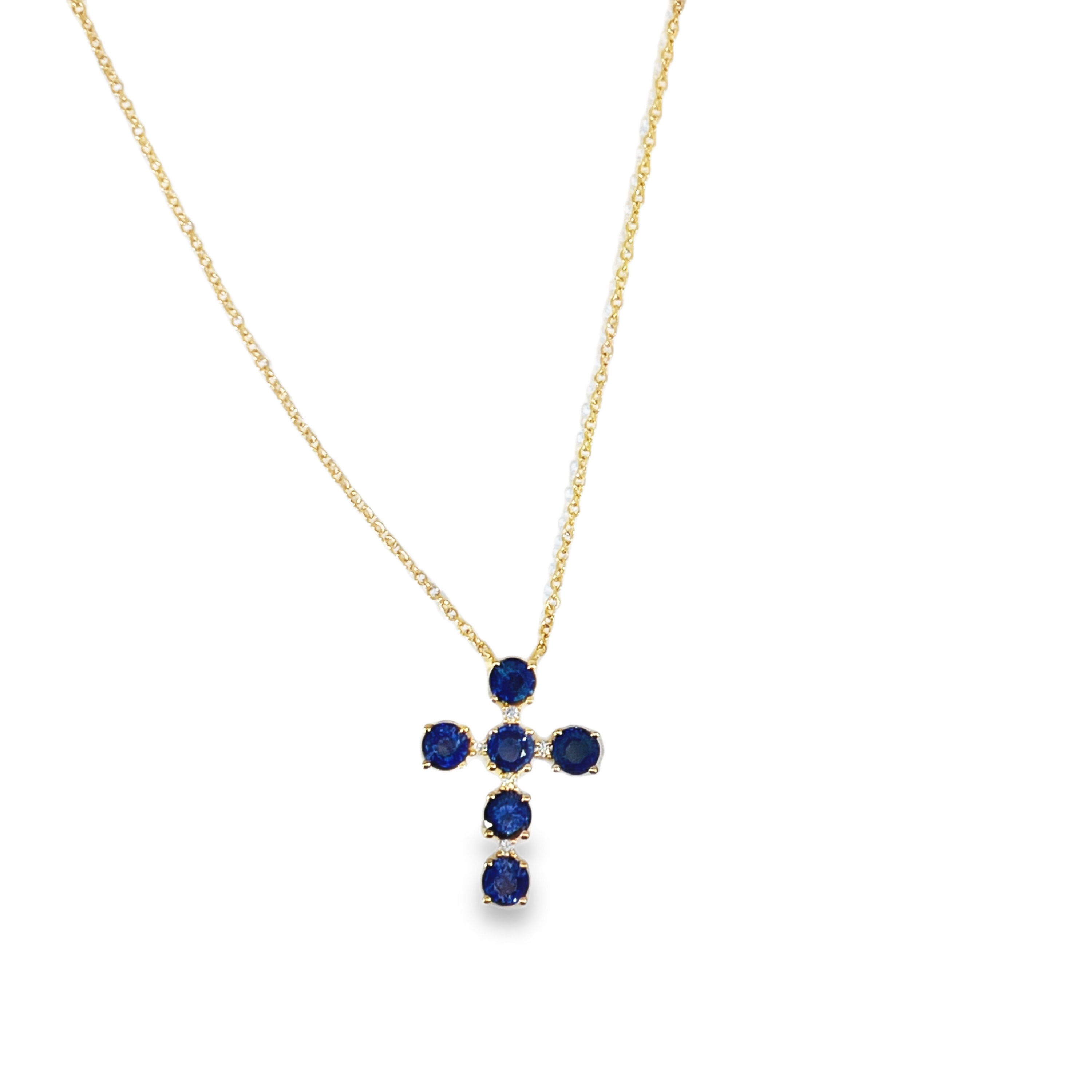 14K Yellow Gold 2.11 CTW Blue Sapphire & Diamond Accent Cross Necklace