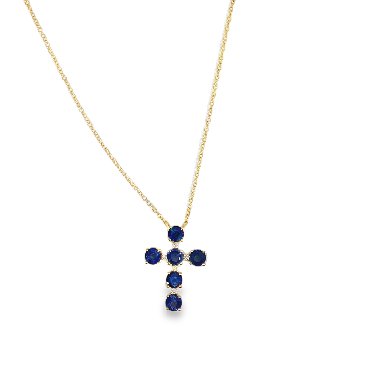 14K Yellow Gold 2.11 CTW Blue Sapphire & Diamond Accent Cross Necklace
