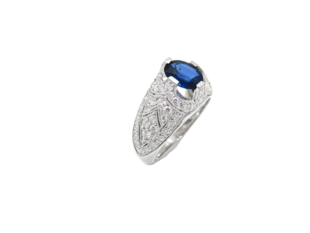 18kt White Gold Oval Blue Sapphire with Micro Pave Diamond Ring