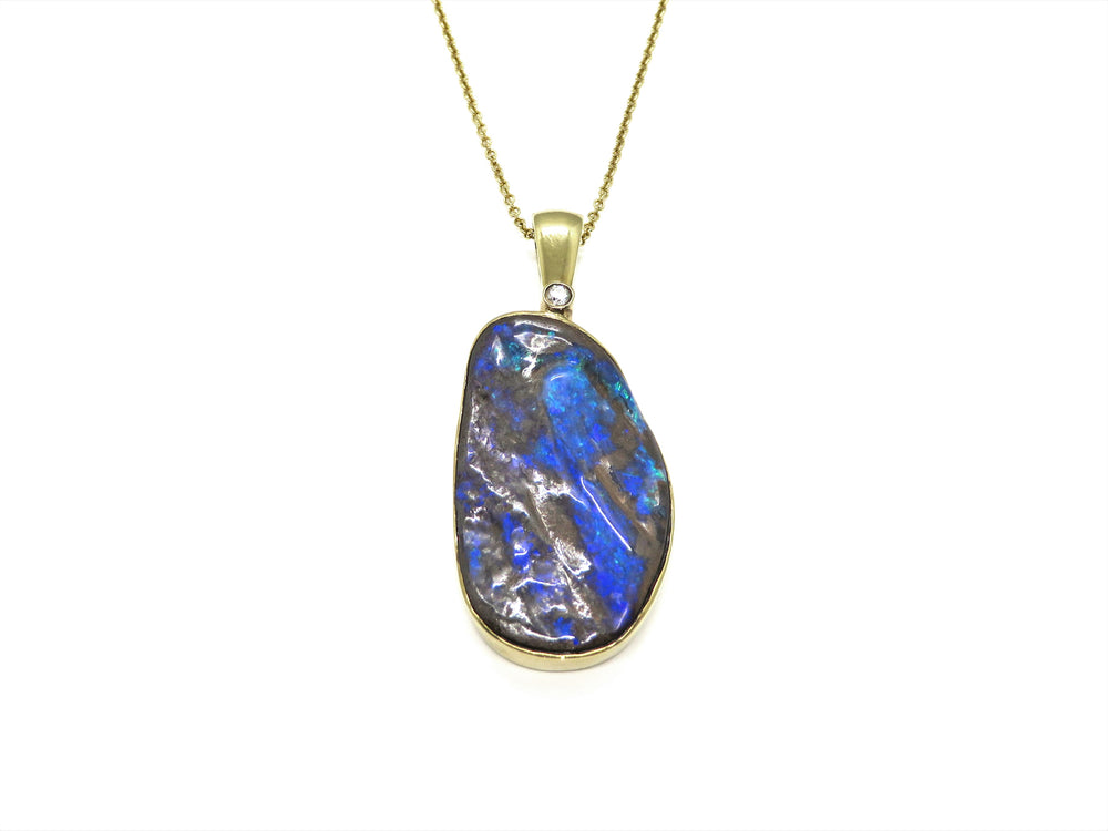 18kt Yellow Gold Blue Boulder Freeform Opal with Diamond Pendant Necklace