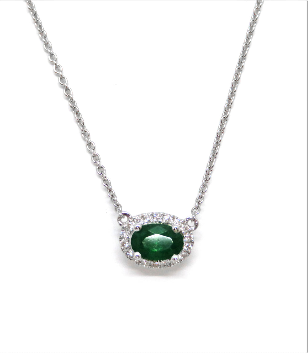 18kt White Gold Emerald with Diamond Halo Necklace