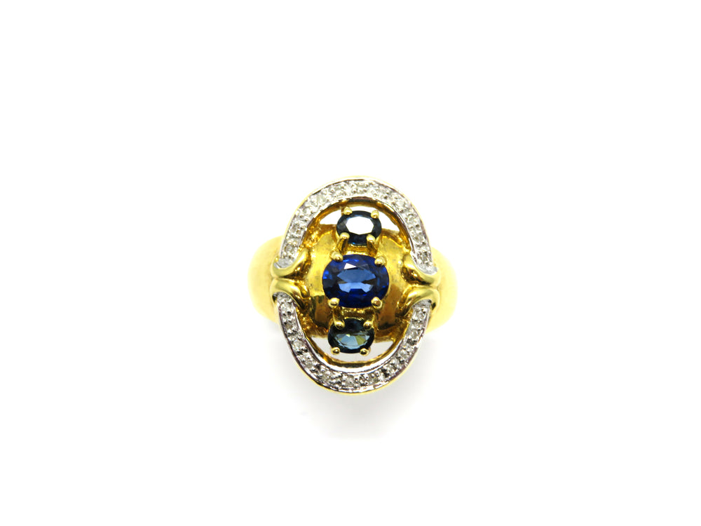 18kt Yellow Gold Three Stone Sapphire and Diamond Halo Fashion Ring