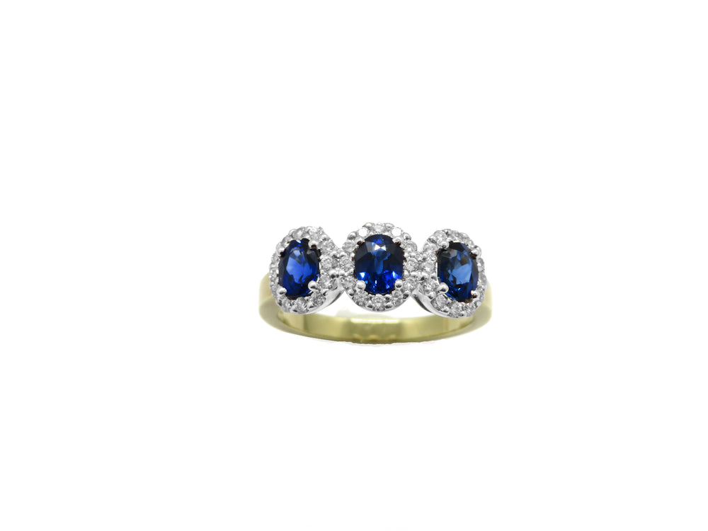 18kt Yellow Gold Three Stone Blue Sapphire Fashion Ring with Diamond Halos