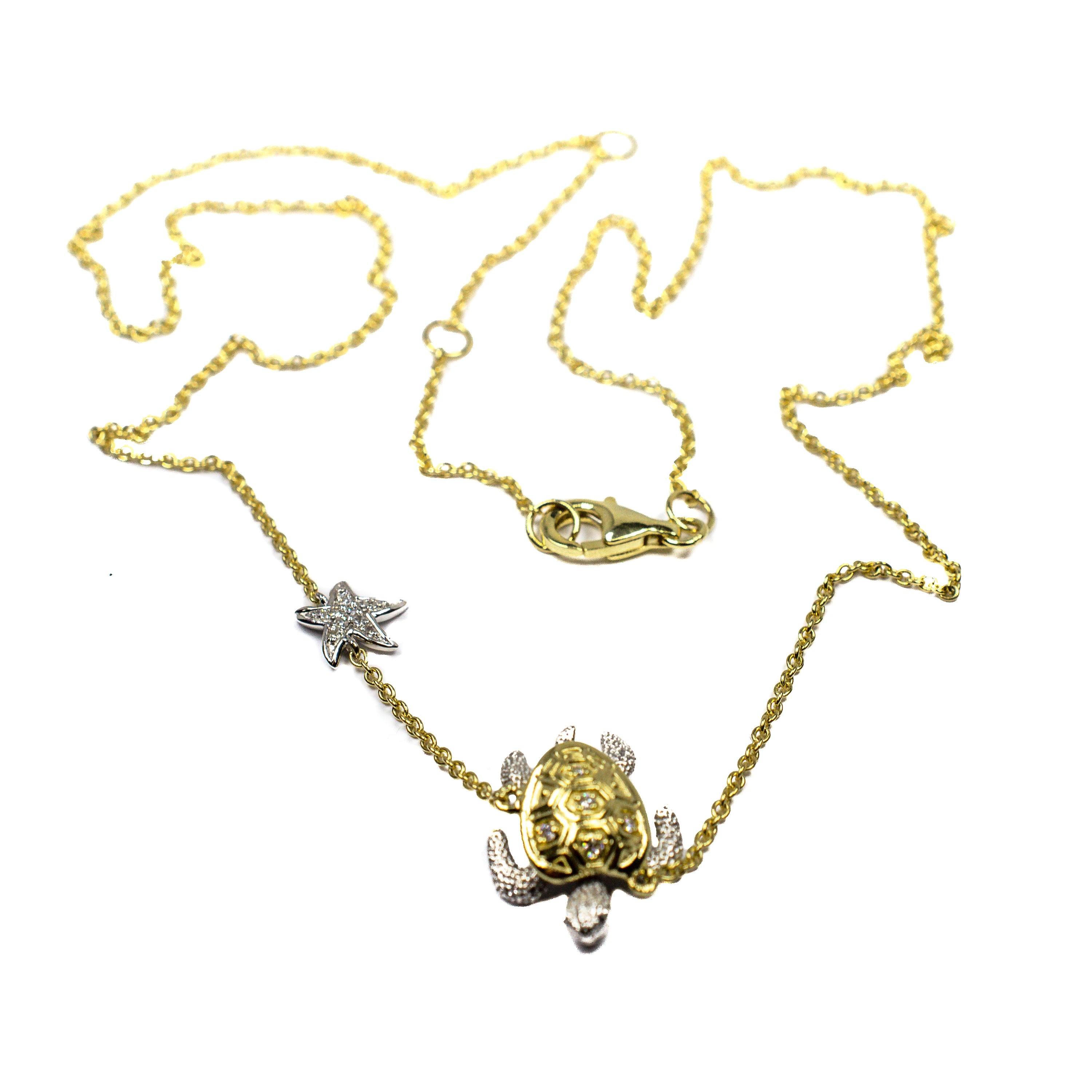 14kt Two Tone Gold Turtle and Starfish Diamond Necklace