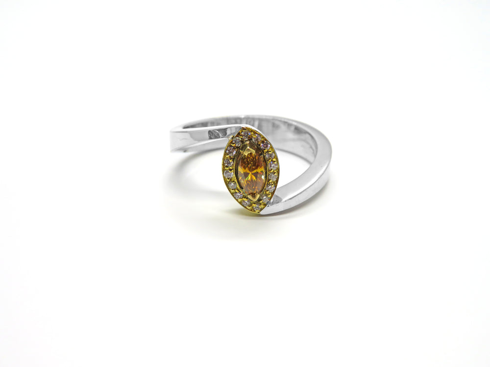 18kt Two Tone White and Yellow Gold Marquise Cut Orange Diamond Engagement Ring