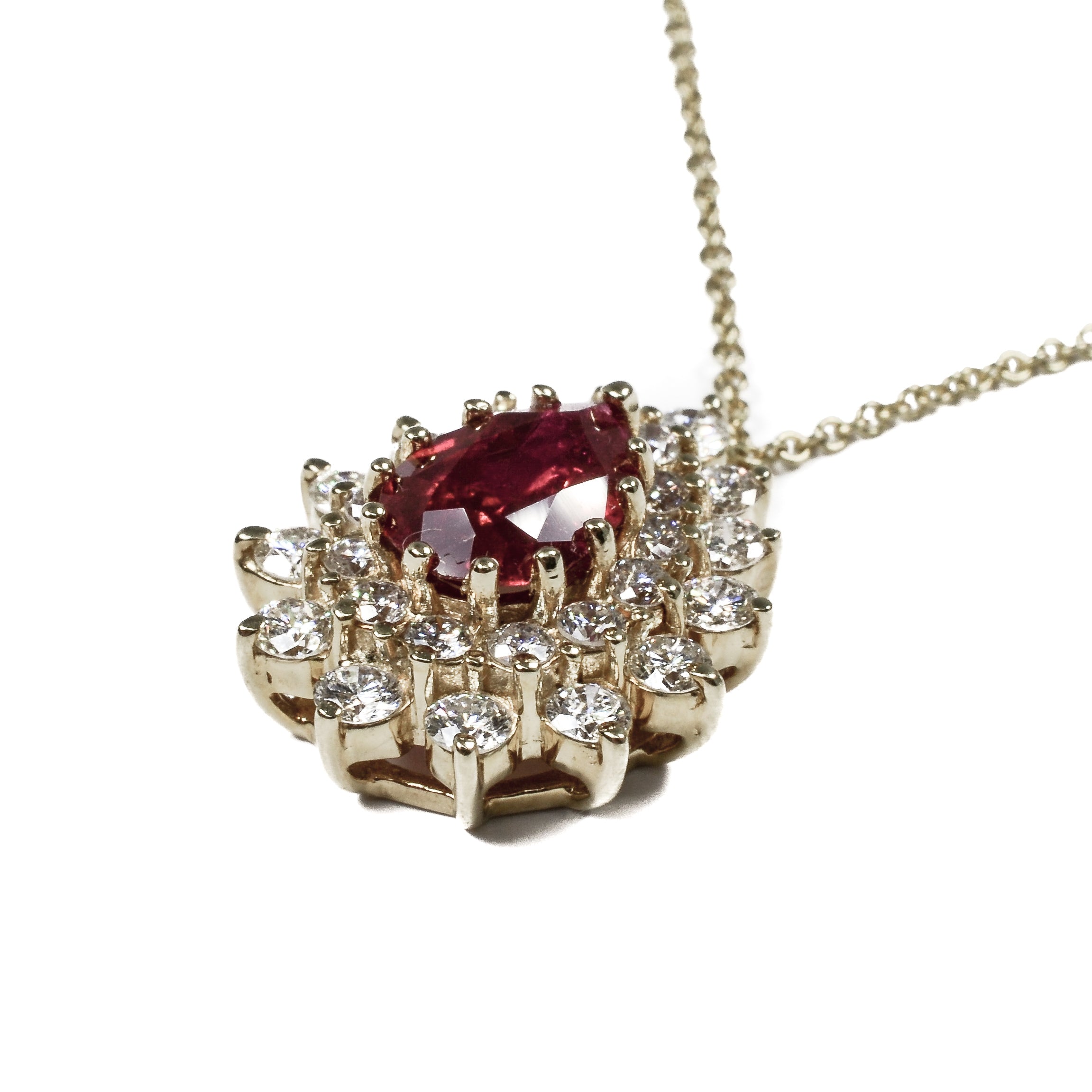 14kt Yellow Gold with Pear Shape Glass Filled Ruby & Double Diamond Halo Necklace