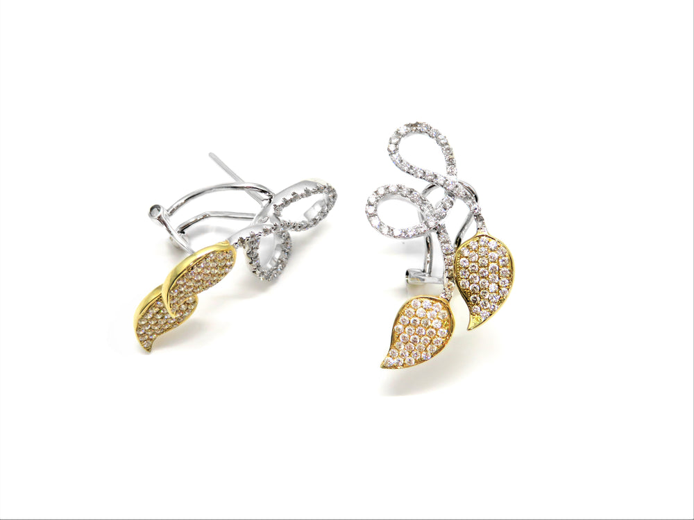 14kt Two Tone White and Yellow Gold Diamond Leaf Earrings