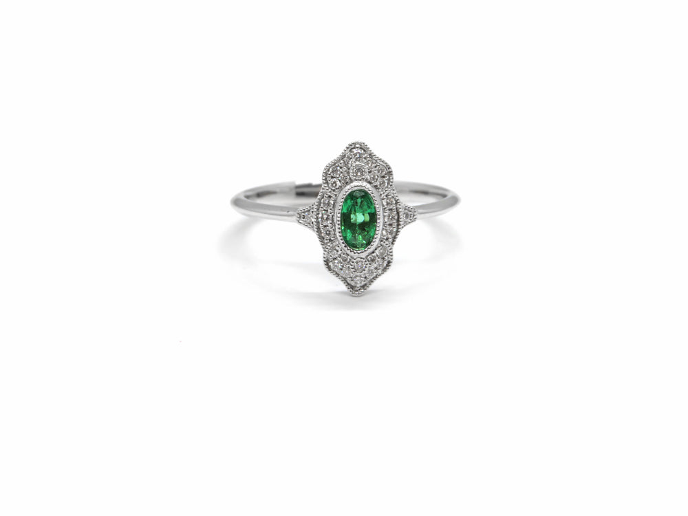 18kt White Gold Nemati Design Oval shaped Emerald & Diamond Filigree Ring