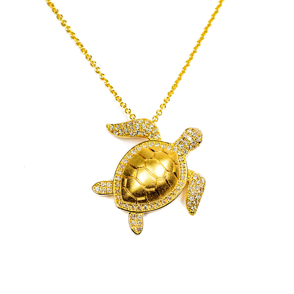 14kt Yellow Gold Diamond Pave Honu Pendant Necklace