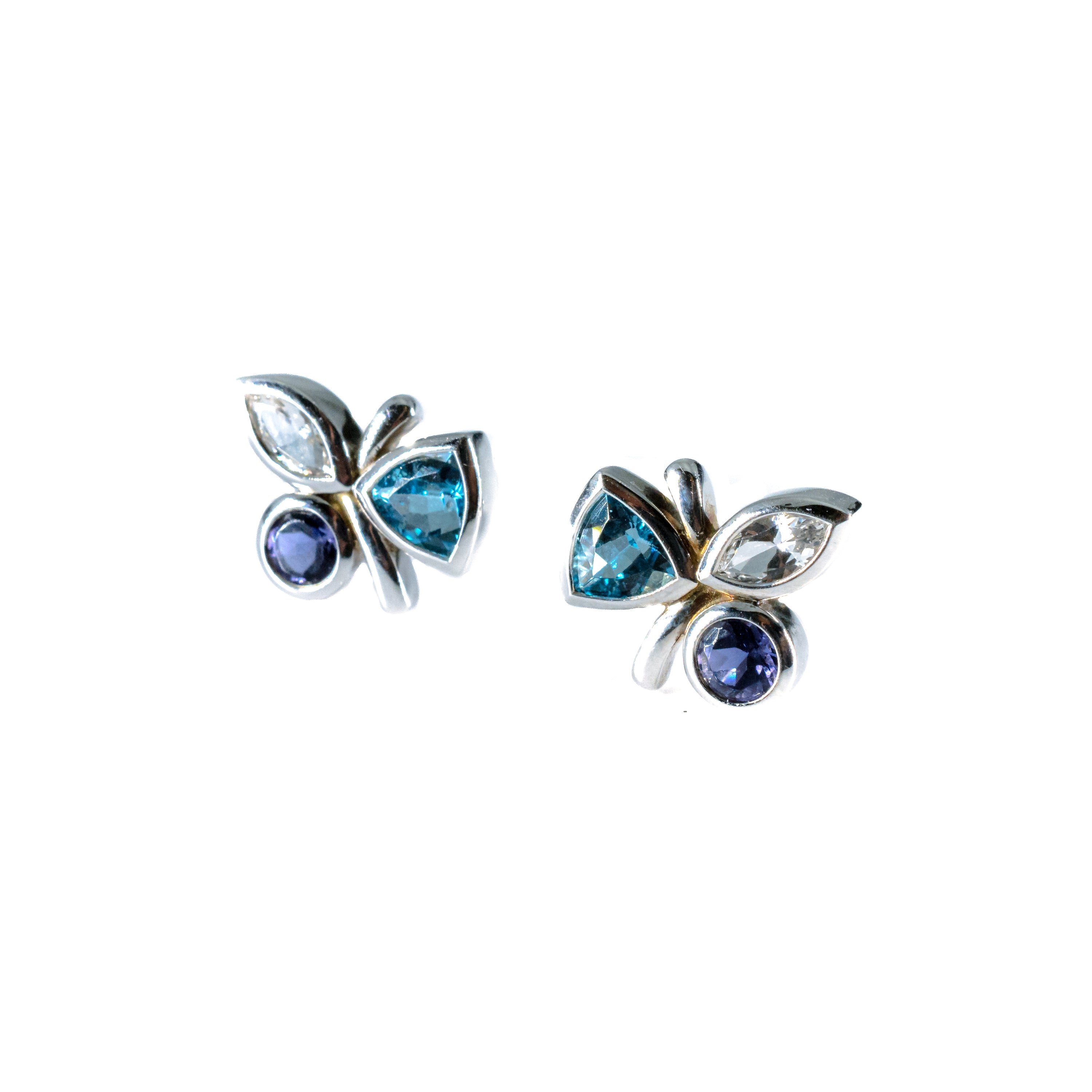 Silver Petal Earrings with Blue-White Topaz and Iolite