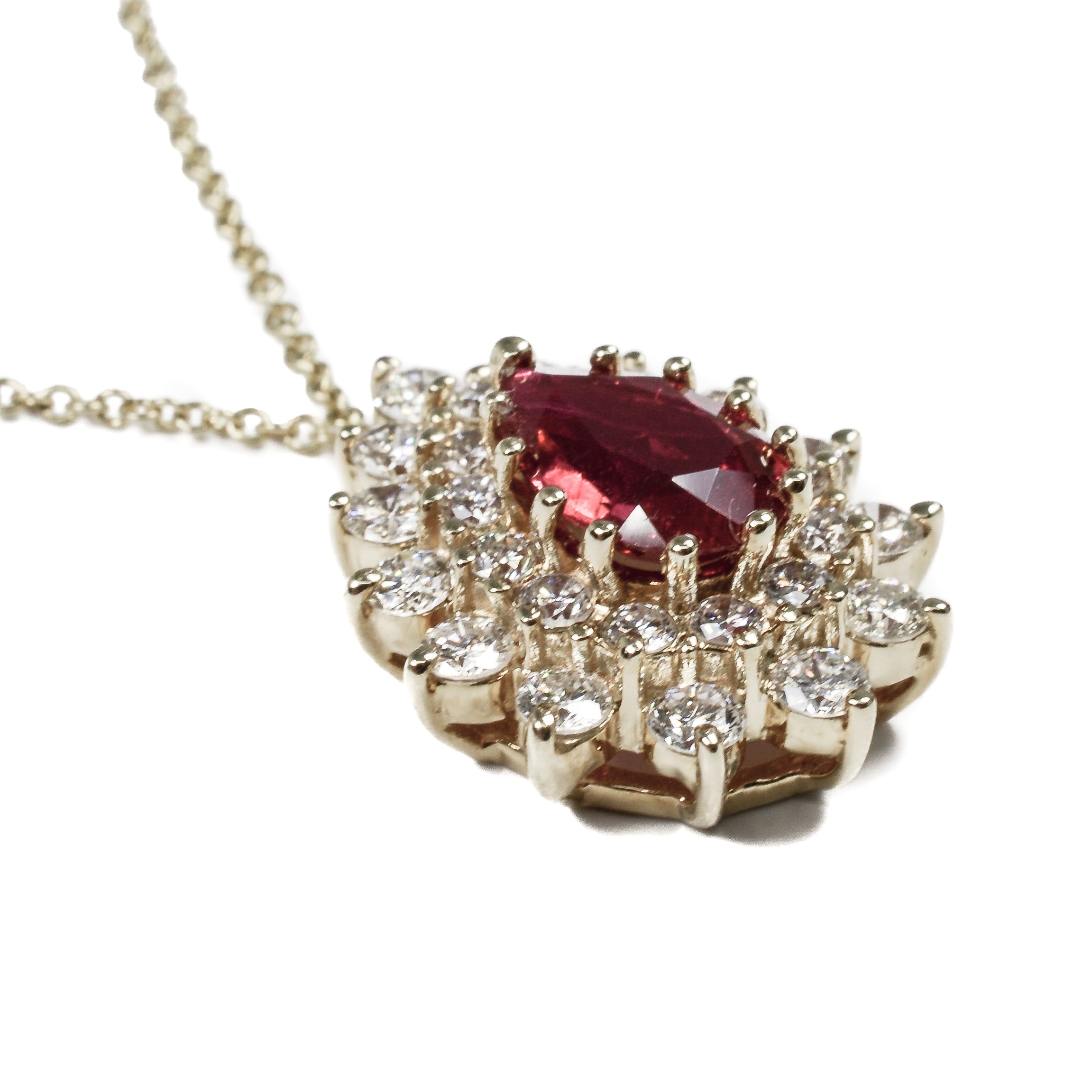 14kt Yellow Gold with Pear Shape Glass Filled Ruby & Double Diamond Halo Necklace