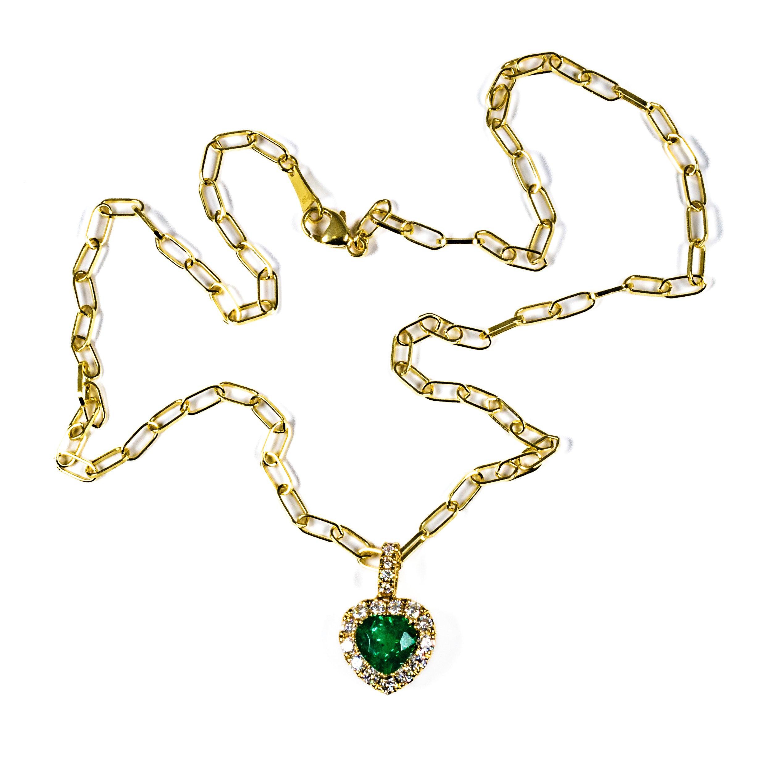 18kt Yellow Gold Heart Shaped Emerald with Diamond Halo Pendant on 16" Chain