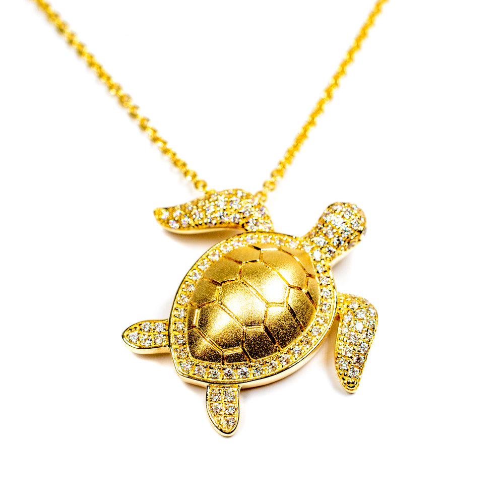 14kt Yellow Gold Diamond Pave Honu Pendant Necklace