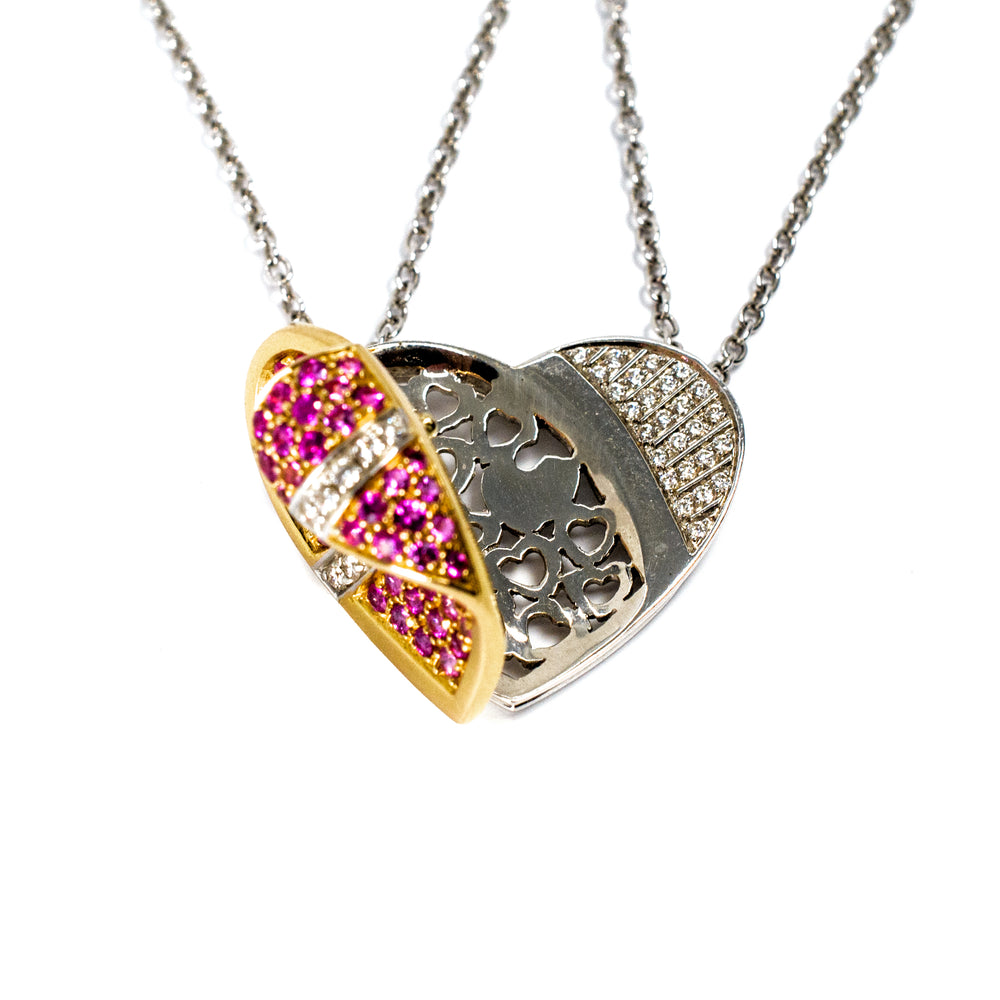 18kt Two Tone Gold Pink Sapphire and Diamond Heart Necklace