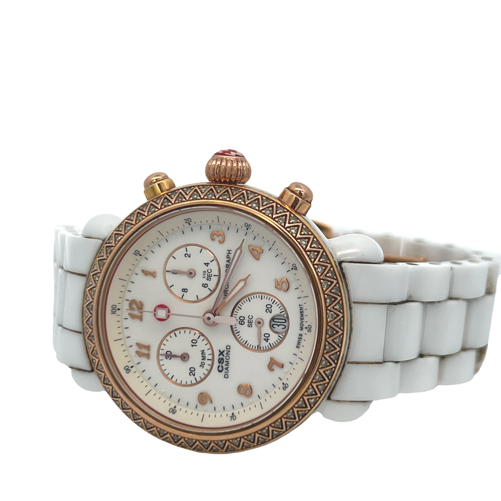 Pre-Owned Michele CSX Diamond Chronograph White Ceramic & Rose Gold-Tone Watch | Swiss Quartz