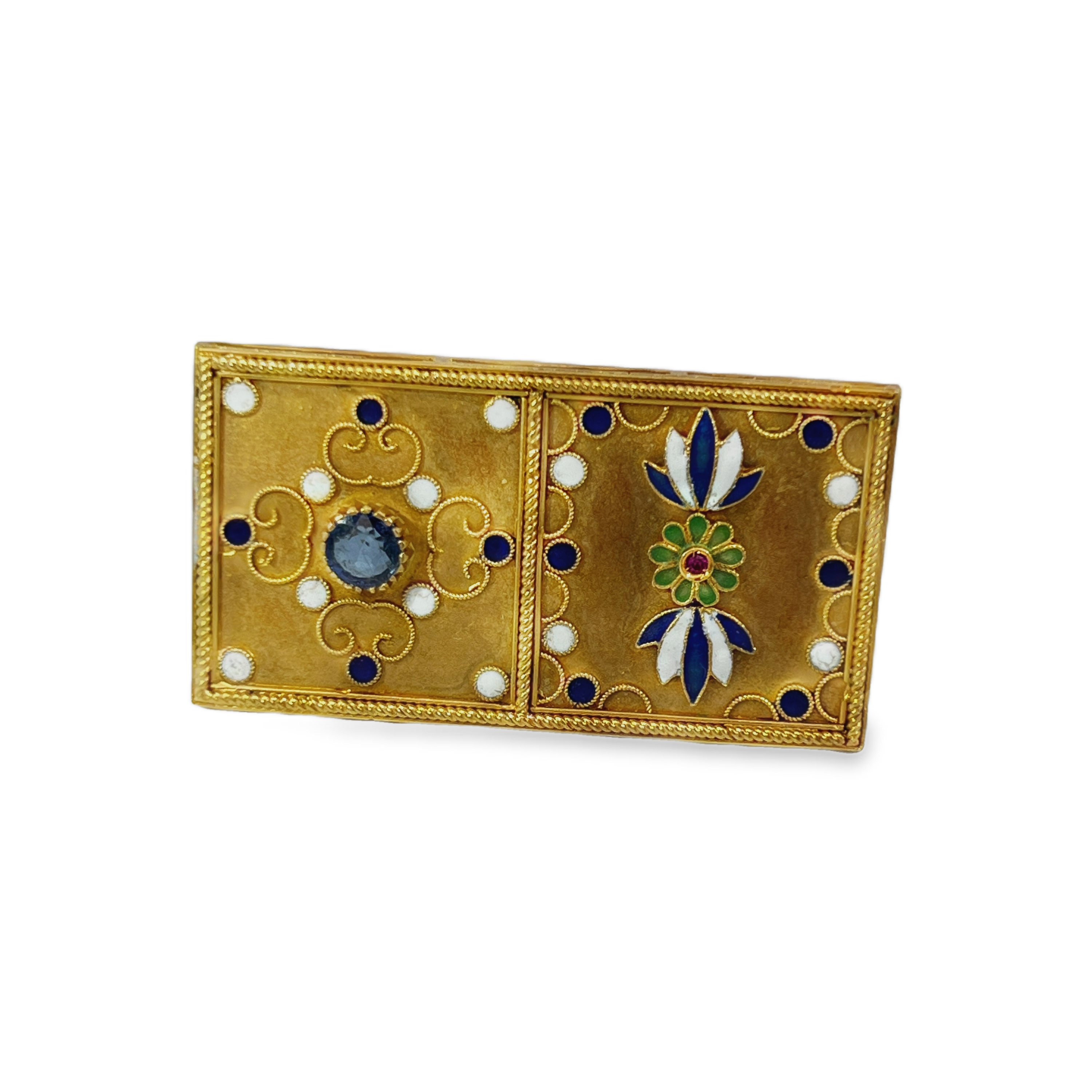 Estate 18K Yellow Gold GIA Certified Burma Sapphire & Enamel Brooch