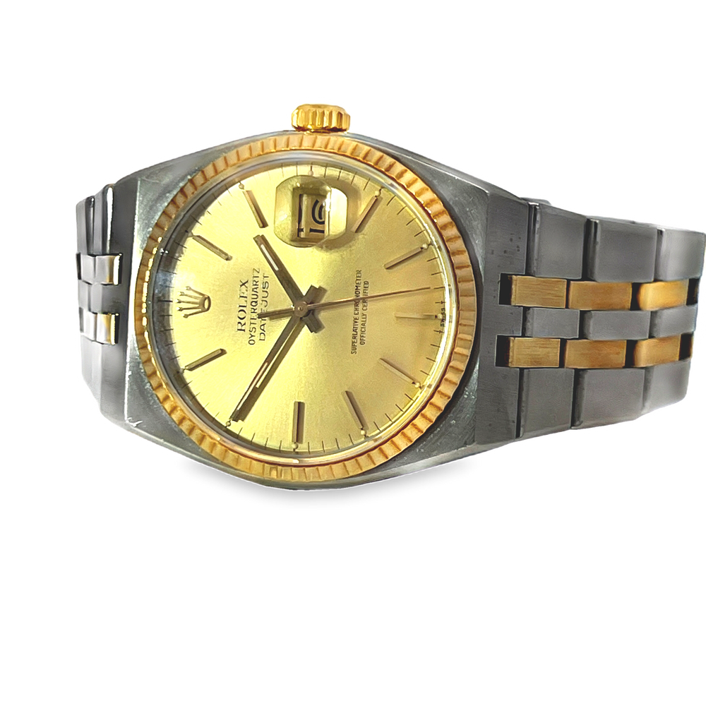 Pre-Owned Rolex Oysterquartz Datejust Ref 17013 Champagne Dial 18K Gold Box Papers 1982