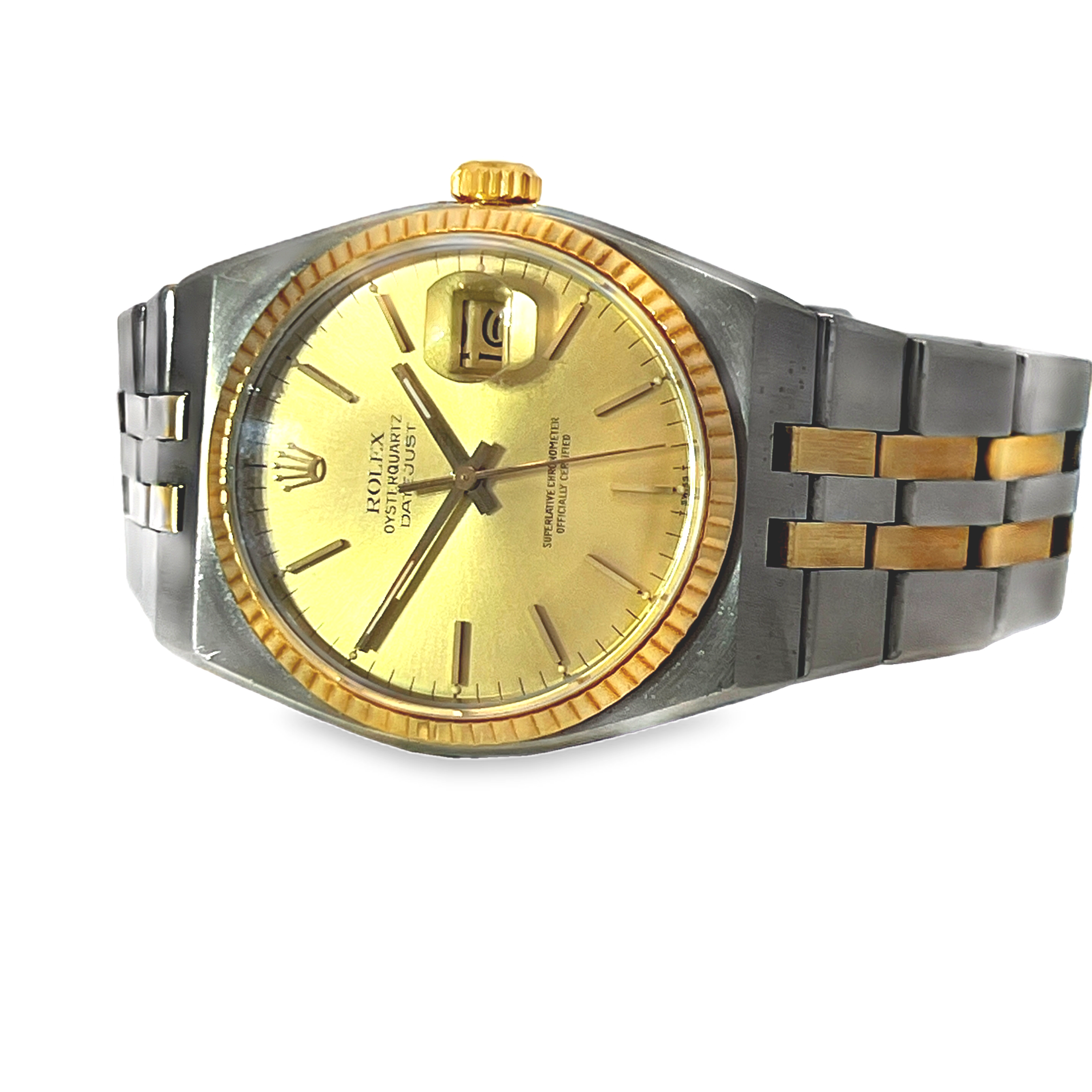 Pre-Owned Rolex Oysterquartz Datejust Ref 17013 Champagne Dial 18K Gold Box Papers 1982