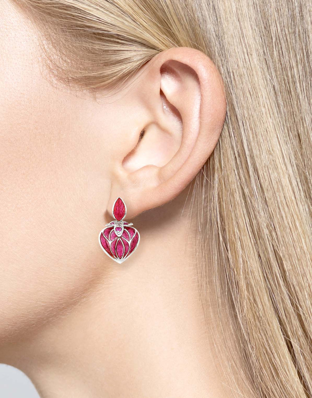 Silver Red Enamel Heart Dangle Earrings – Romantic Statement Earrings