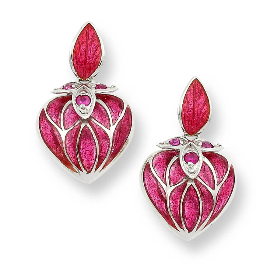 Silver Red Enamel Heart Dangle Earrings – Romantic Statement Earrings