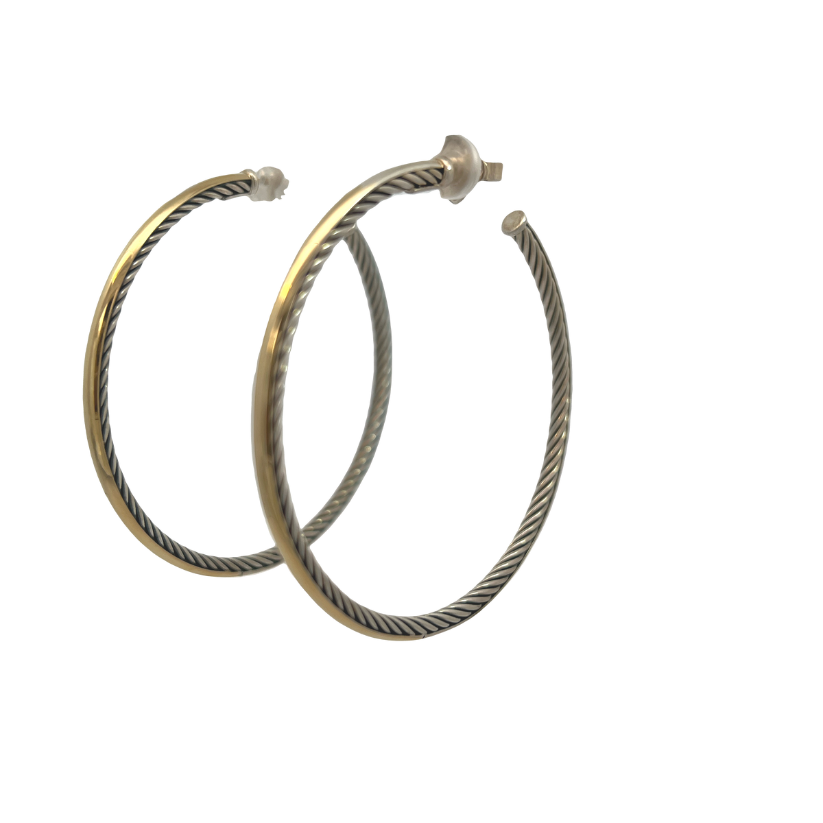 Estate David Yurman Large 2.5" Cable Hoop Earrings in Sterling Silver & 14K Yellow Gold