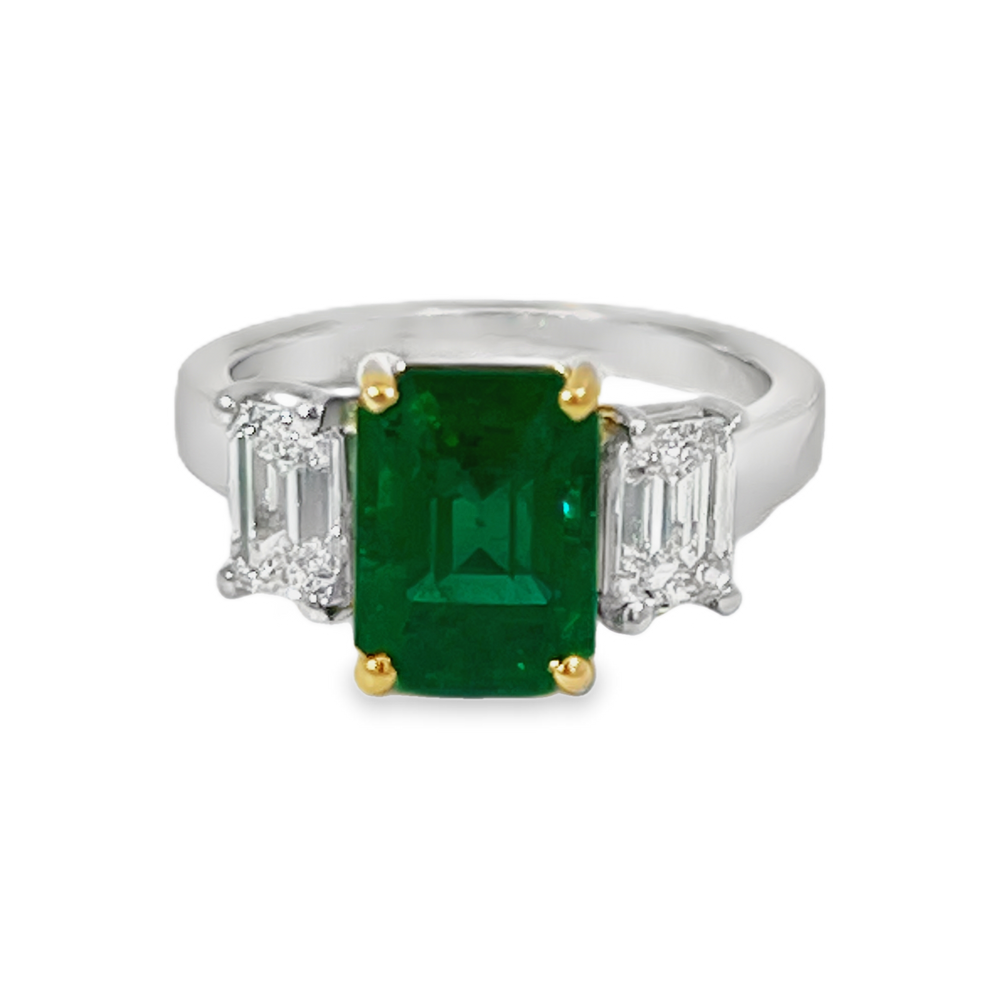 Platinum & 18K Yellow Gold Brazilian Emerald & Diamond Three-Stone Ring | 3.18ct Emerald & 1.52cttw Diamonds