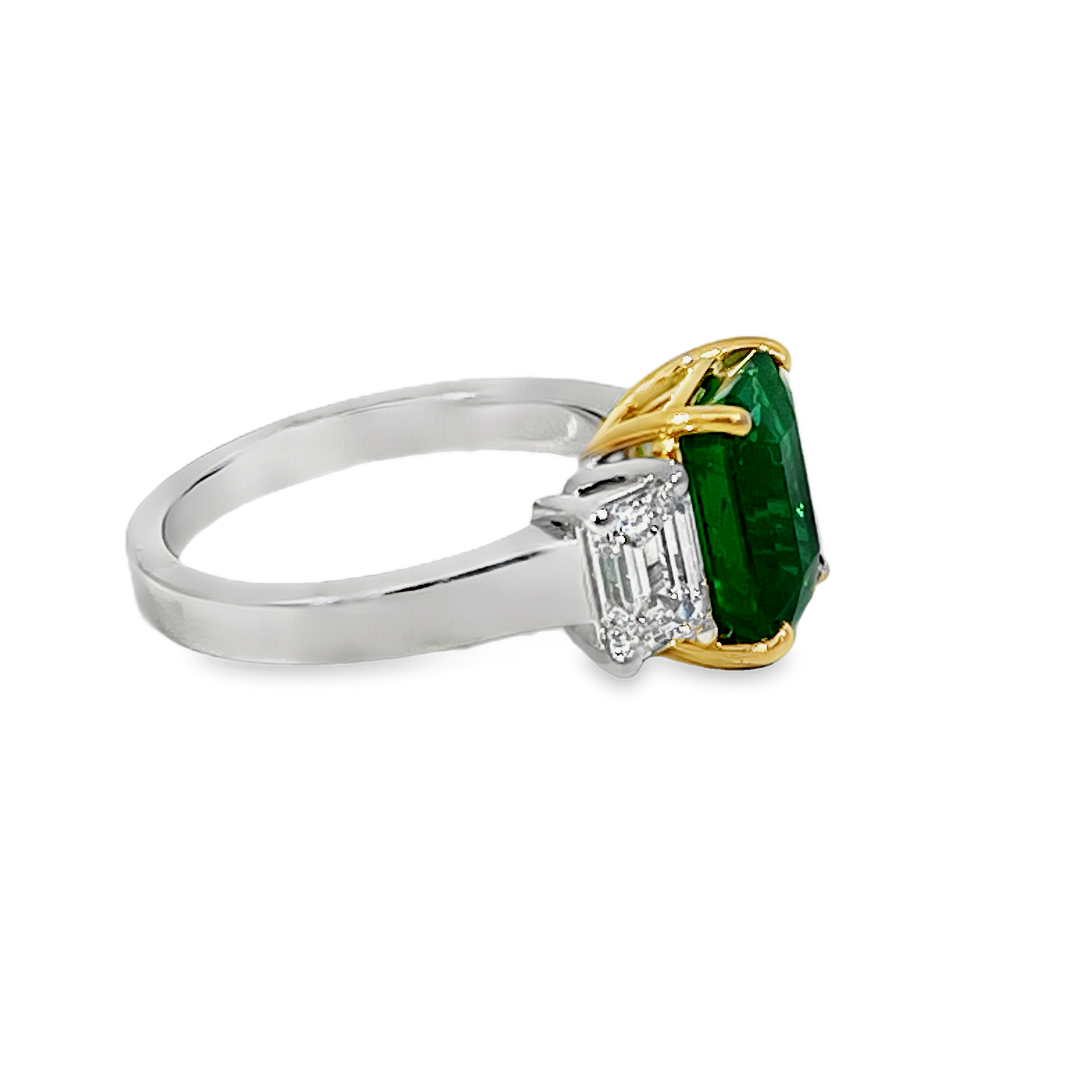 Platinum & 18K Yellow Gold Brazilian Emerald & Diamond Three-Stone Ring | 3.18ct Emerald & 1.52cttw Diamonds