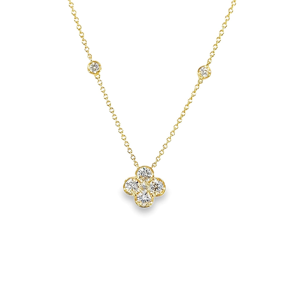 18K Yellow Gold Diamond Flower Necklace 1.45 Carat 18 Inch Chain