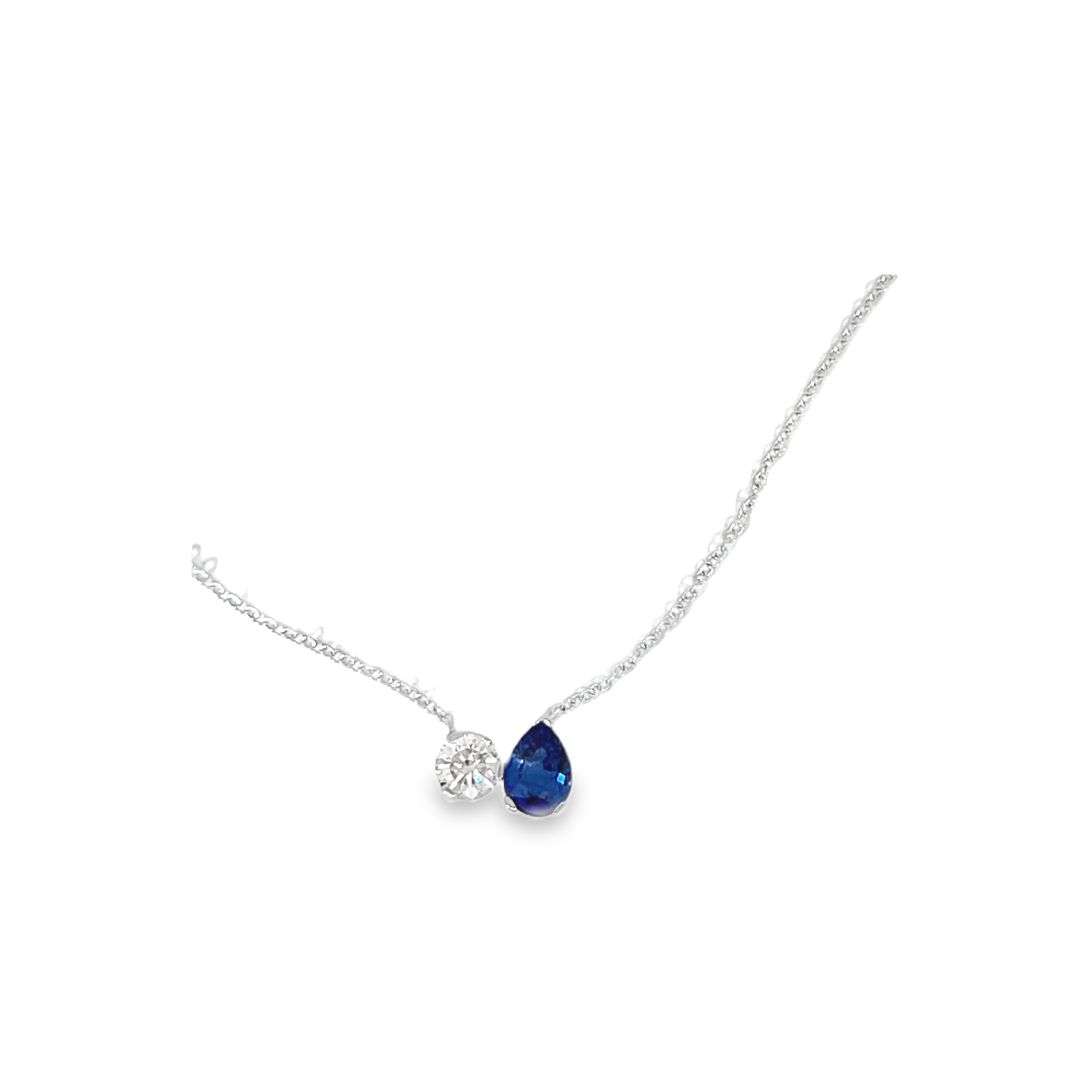 14K White Gold 0.80ct Pear-Shaped Sapphire & 0.55ct Round Brilliant Diamond Two-Stone Necklace