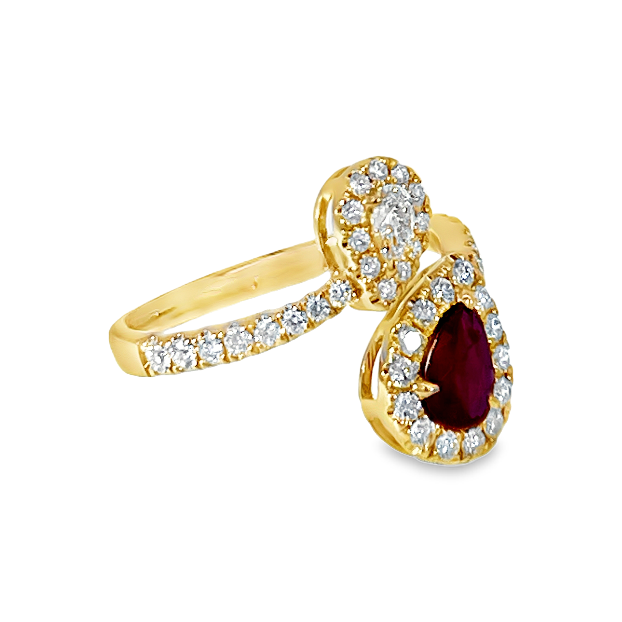 14K Yellow Gold 0.49ct Pear-Shaped Ruby & 0.70 CTW Diamond Bypass Halo Ring